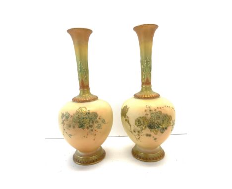 2 Royal Worcester blush ivory Vases chip to base on one each measures approx 24cm tall 