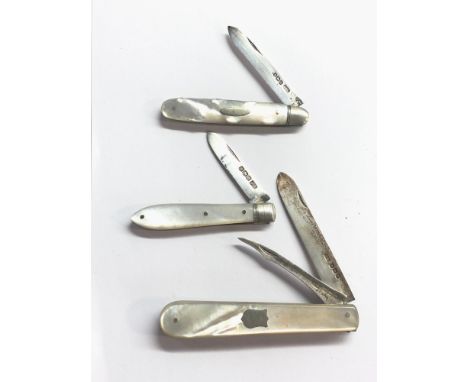 3 antique silver and mother of pearl fruit knives 
