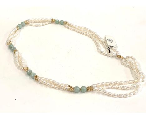 14ct gold mounted Chinese fresh water pearl and jade necklace, 24 inches in length