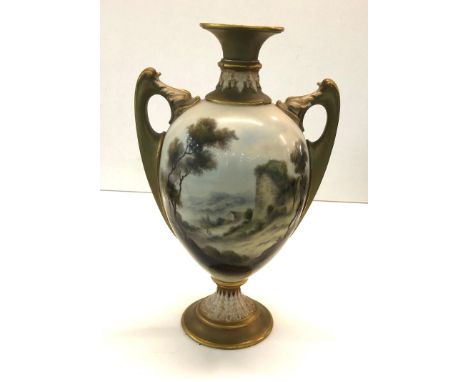 Fine Royal Worcester Hand painted vase Usk castle Signed G Johnson measures approx 25cm tall good condition small nick to rim
