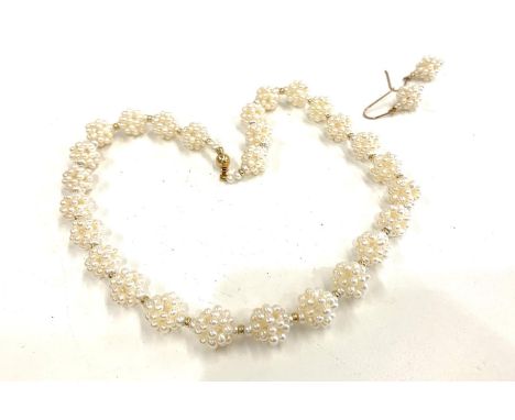9ct gold mounted pearl cluster necklace and earrings set clap hallmarked 9ct 