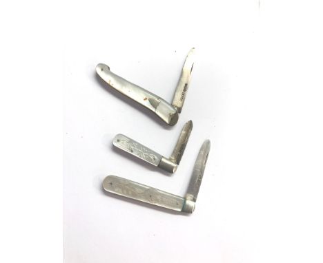 3 antique silver and mother of pearl fruit knives 