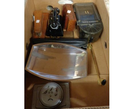 A quantity of collectable items including moneyboxes, tripod, etc.