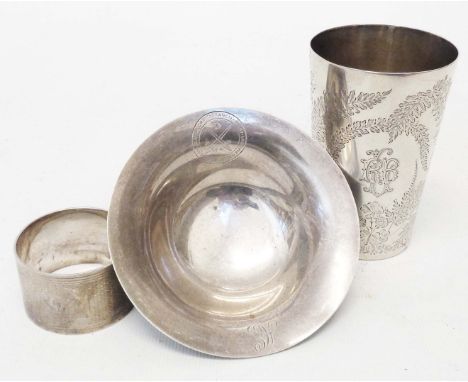 A 3 1/2" Victorian silver tapered beaker, with engraved fern decoration - London 1876 - sold with a 1953 Coronation small sil