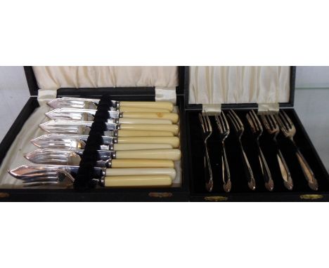 A cased set of six Art Deco style silver plated cake forks - sold with a cased set of six each fish knives and forks