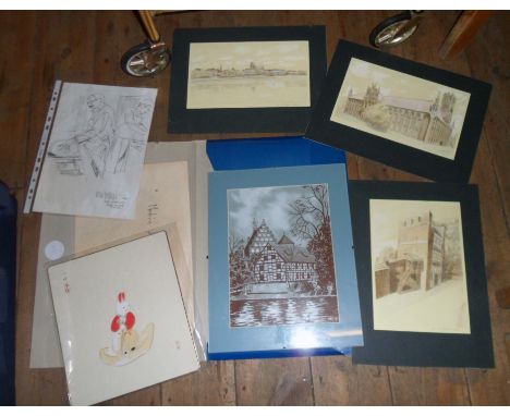 A folio containing original works and prints including San Sebastian craftsmen, various unframed abstracts, three architectur