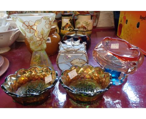 Various pieces of glassware including boxed butterfly by Sommerso, carnival and art glass