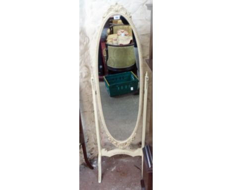 A French style cream painted and parcel gilt framed cheval mirror with oval plate, pierced and moulded decoration, set on sle