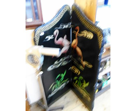 A vintage four fold dressing screen with stencilled flamingo decoration on studded black rexine ground - 5' 3 1/2" high