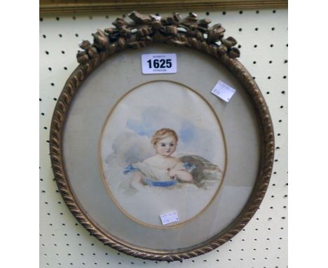 A gilt framed 19th Century oval watercolour portrait depicting a young girl, old label verso