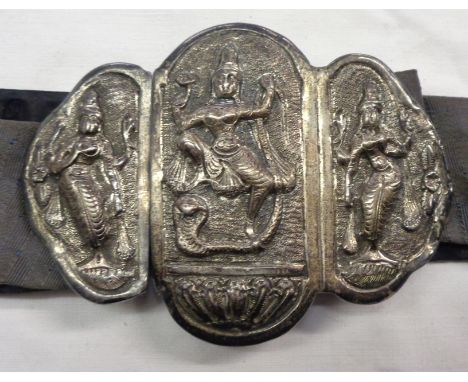 A vintage Hindu white metal nurse's type belt buckle depicting Lakshmi standing on a large snake - with contemporary belt