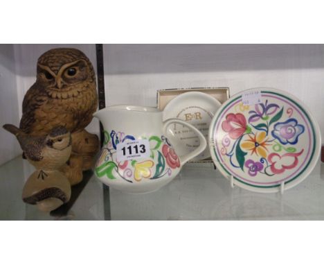 Two Poole pottery bird figures, Poole pin tray and jug - various condition