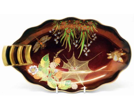 A Carltonware Rouge Royale leaf shape dish with gilt spider web and other decoration