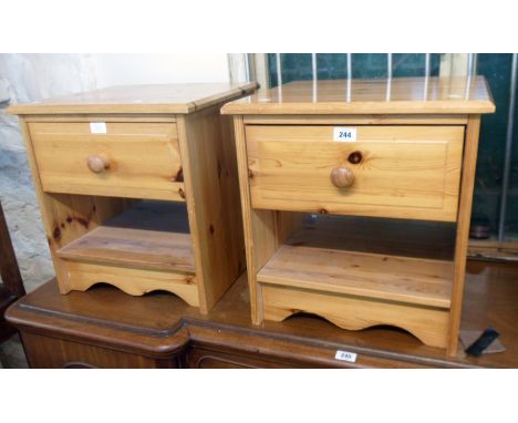 A pair of 18" modern polished pine bedside tables, both with drawer and open shelf under