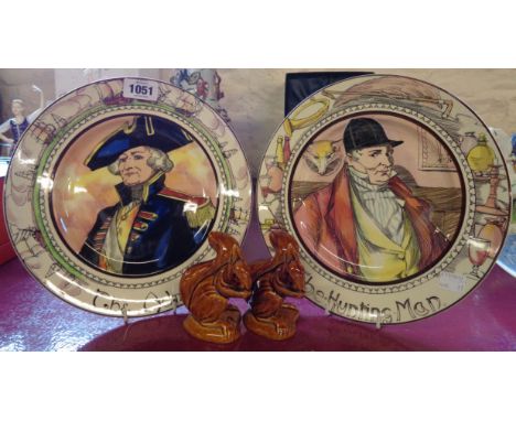 Two Doulton character plates, The Admiral and The Huntsman - sold with two Poole Pottery squirrels