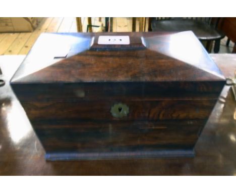 A 9" 19th Century rosewood sarcophagus shaped single compartment tea caddy with internal lid and original cut glass mixing bo