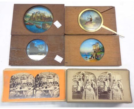 Four antique magic lantern slides including Netley Abbey and a mechanical example depicting a stag, one a/f - sold with a col