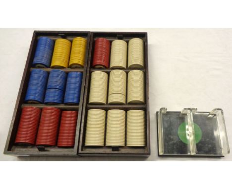 Two trays of vintage gaming tokens marked "B" - sold with a "No-Peek" revolving croupier shoe