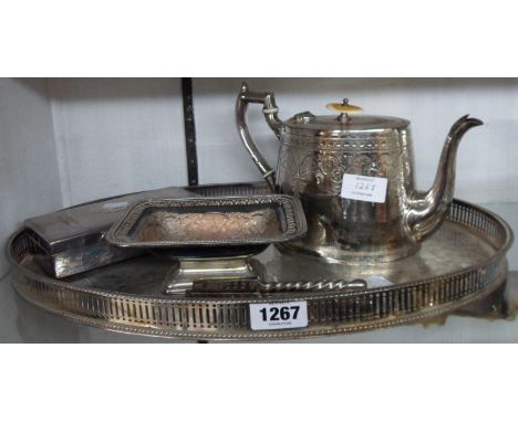 A silver plated gallery tray, teapot, etc.