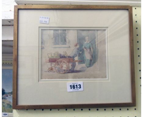 H. K. Browne (Phiz): a watercolour depicting a young milk seller with dog and cart at a customer's door - details verso