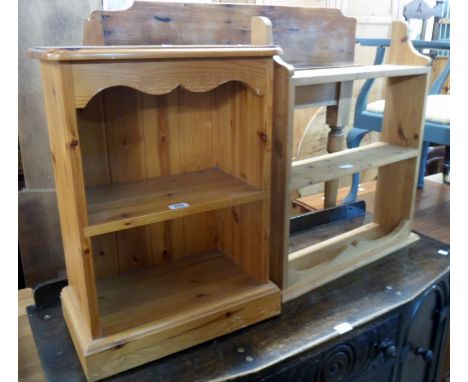 An 18" modern pine two shelf open bookcase - sold with a similar wall mounted shelving unit