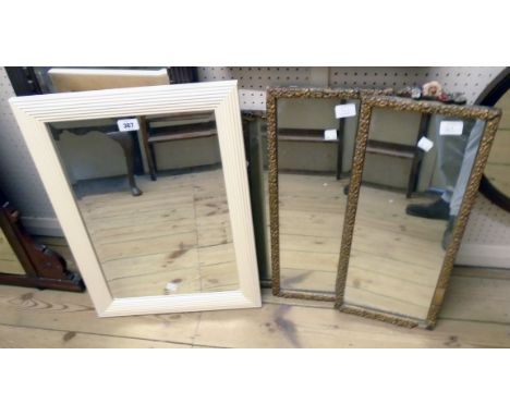 A modern white painted rib framed oblong wall mirror - sold with three Barbola style framed mirror plates - various condition