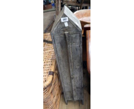 A painted wood narrow cabinet of architectural form with pitched top and two doors - 3' 2 1/2" high