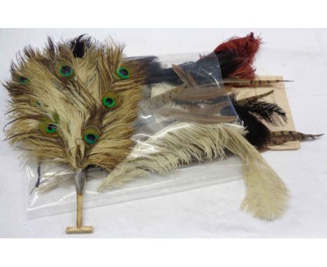 A feather fan with bone handle - sold with various vintage feathers including ostrich and pheasant
