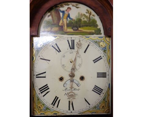 A 19th Century oak, mahogany and ebony strung longcase clock with swan neck pediment to hood and flanking turned pillars, the