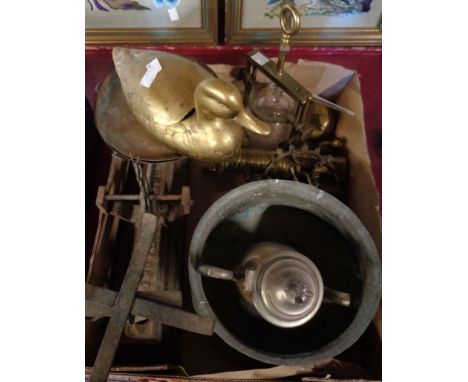 A quantity of brassware including small retort and stand, modern Turkish coffee grinder, etc.