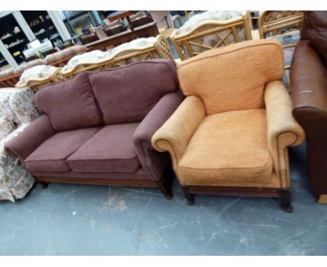 Edwardian 2 seater upholstered sofa and matching armchairs with inlaid wood finish
