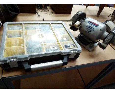 Ryobi Bench Grinder Model HBG6RC and a toolbox with contents 