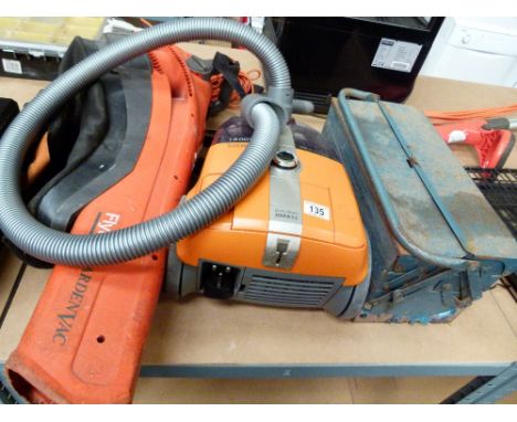 Metal toolbox with contents, Hot point vacuum cleaner and a Flymo garden vac 