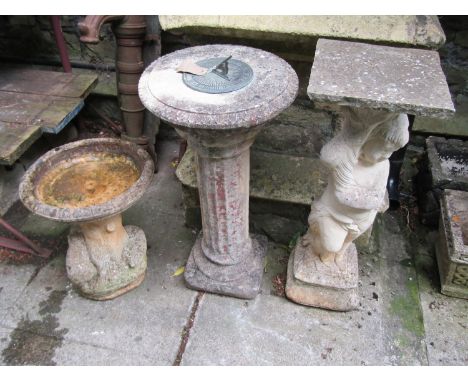 A two sectional cast composition stone sundial with fluted pedestal, 82 cm (full height), together with a further weathered t