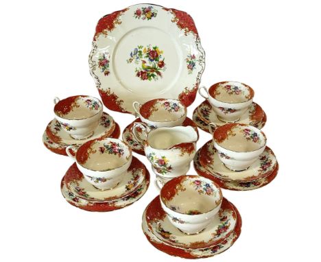 A collection of tea wares comprising six Rockingham Paragon china tea cups, saucers, side plates and a cake plate and a colle