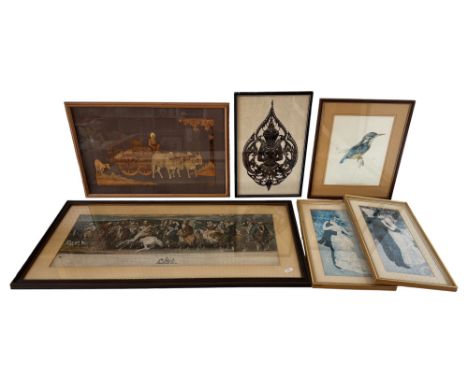 A group of framed pictures to include a Thai shadow puppet, Thai rubbing depicting two dancers; Sri Lankan tree bark collage,