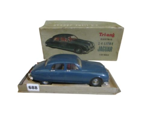 Tri-ang Electric 2.4 litre Jaguar battery operated, 1:20 scale, with coach work and tartan seats, with original box, together