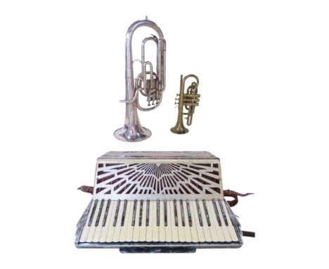 A Scandalli piano accordion in a case, (as found) a brass coronet (lacks mouth piece) and a battered silver plated three valv