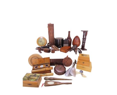 A miscellaneous collection of vintage items to include a selection of souvenir boxes, cribbage boards, a leather string dispe