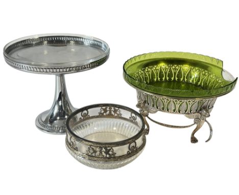 An early 20th century German WMF comport with a clear glass liner, 19.5cm high x 23cm wide, together with a silver plated gre