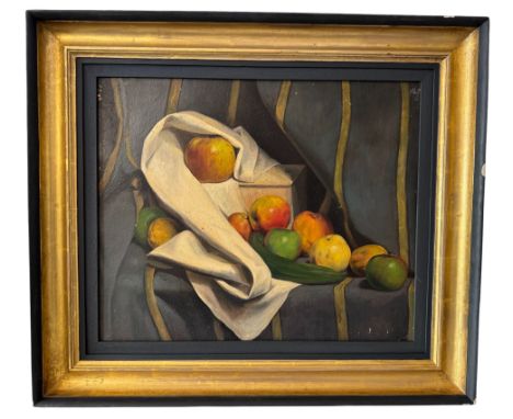 Attributed to Elliot Seabrooke (1886-1950) - A still life arrangement of fruits and a tablecloth, unsigned, oil on board, 50 