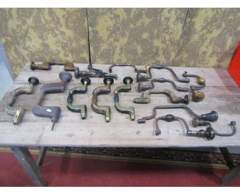 A collection of good quality antique carpenters brace hand drills to include: various stamps, examples with brass mounts