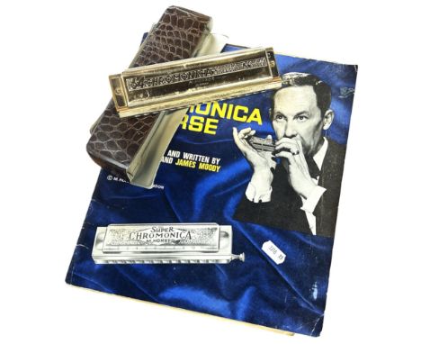 The 64 Chromonica Horner Professional Model Harmonica, in its original fake crocodile jacket, with two Harmonica music books.