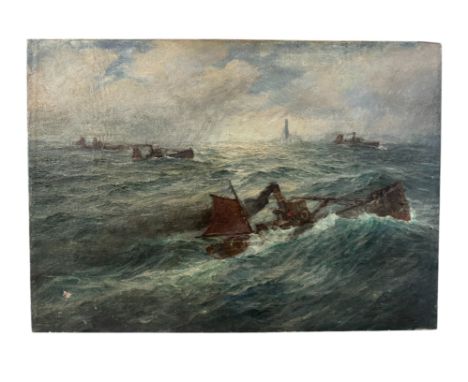 Charles Herbert Thompson (Cornish, 1870-1946) - Turbulent seascape with fishing boats and lighthouse in the distance, signed 