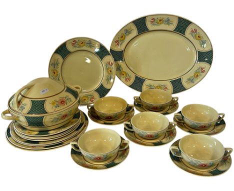 A part dinner service to a Susie Cooper design, floral bouquets in pastel shades, comprising graduated plates, soup bowls, tu