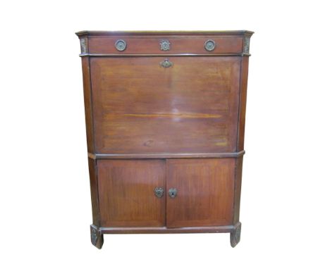 A 19th century continental mahogany secretaire, the fall flap enclosing a fitted interior, over two cupboards doors, 138cm hi