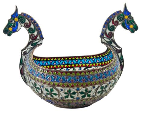 A Norwegian silver-gilt and plique-à-jour enamel kovsh, by Marius Hammer, stamped "930S" in the form of a stylised Viking boa