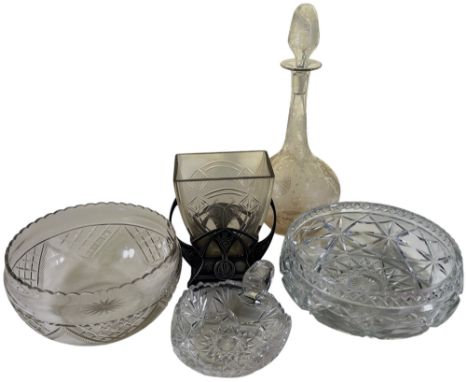 A WMF Art Nouveau style glass vase in a plated stand, a finely engraved slender necked Victorian Scottish decanter, together 