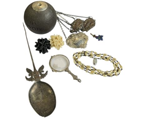 Small mixed collection of object d'art to include an Eastern white metal spoon, military spill vase, silver and white metal d