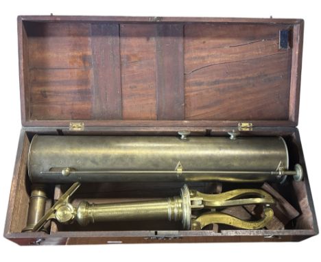 A  Georgian Dolland of London brass reflective telescope on a removable brass tripod, housed in its original mahogany case. 5